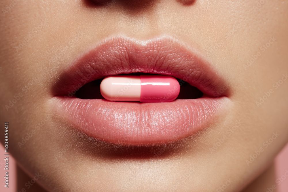 Naklejka premium Woman holding pill between lips