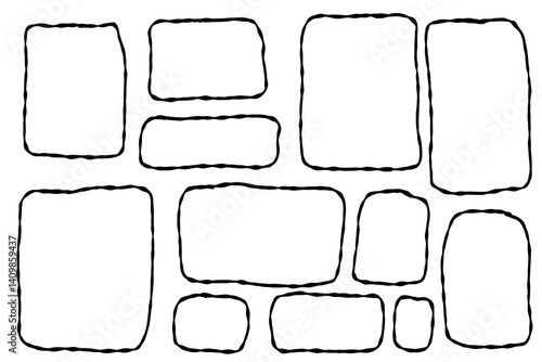 Rectangle frame set. Hand drawn doodle wavy curve deformed textured frames. Border sketch. Vector illustration isolated on a white background.