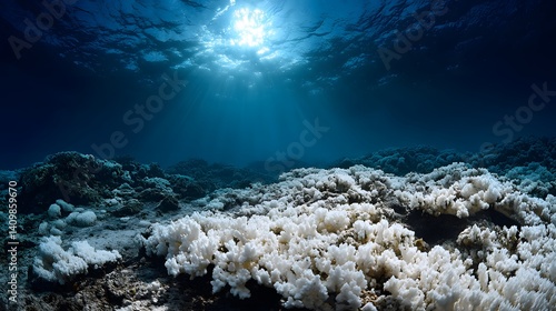 Fototapeta Naklejka Na Ścianę i Meble -  Underwater scene shows vast bleached white coral covering the seabed, viewed from below with sun rays piercing through deep blue water, highlighting environmental damage in realistic.  