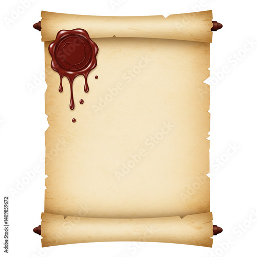 Realistic open parchment scroll with red wax seal isolated on white background