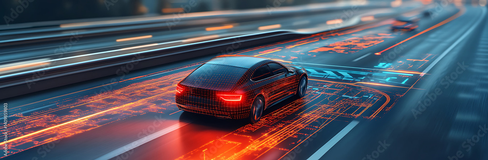 Digital rendering of a sleek car on a highway with vibrant orange and blue data stream overlays futuristic concept.