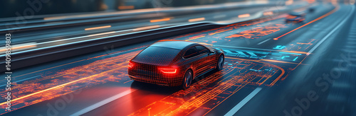 Obraz na płótnie Digital rendering of a sleek car on a highway with vibrant orange and blue data stream overlays futuristic concept. w salonie