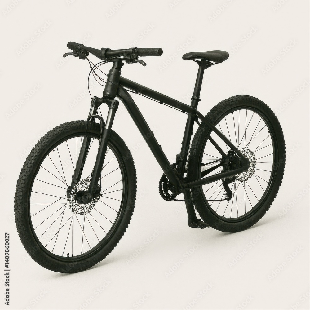 a modern mountain bike positioned on a plain white background. a modern mountain bike positioned on a plain white background.