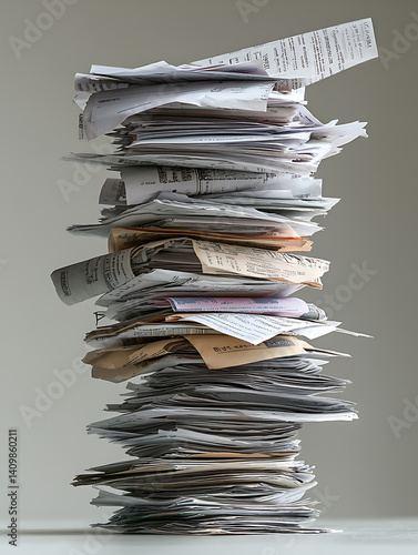 Tall stack of disordered papers bills and receipts conveying a sense of overwhelm clutter or the burden of paperwork.