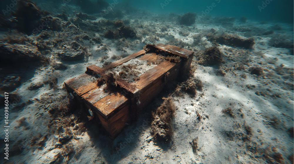 Submerged Secrets An Ancient Wooden Chest on the Seabed Revealing a Story Submerged Secrets An Ancient Wooden Chest on the Seabed Revealing a Story