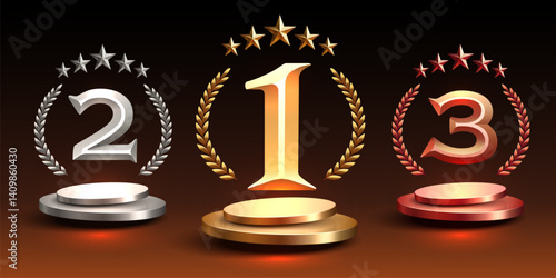 Awards nomination name podium, awards golden prize event, first place, second place, third place, scene star ceremony. Vector illustration