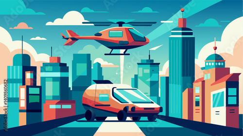 In the futuristic city traditional delivery vans were rep by autonomous air taxis that zipped through the air effortlessly avoiding traffic on the ground.. Vector illustration