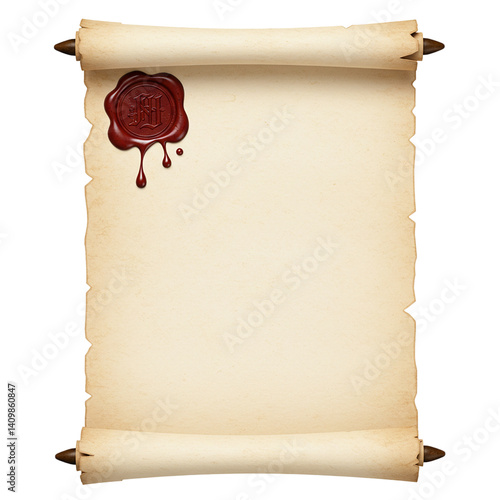 Realistic open parchment scroll with red wax seal isolated on white background