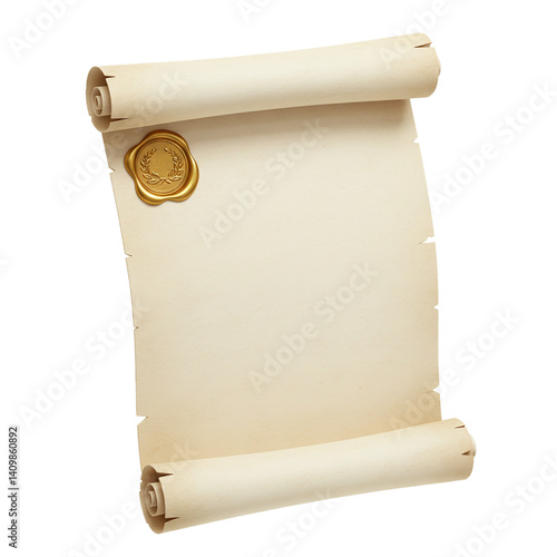 Realistic open parchment scroll with gold wax seal isolated isolated on white background