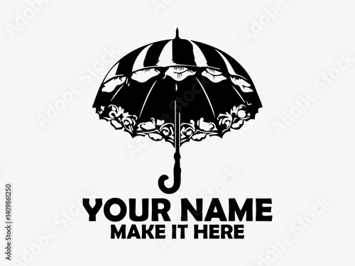 Detailed black and white illustration of an open classic umbrella transparent background. Elegant black umbrella with  on white background, umbrella vector design and umbrella logo art
