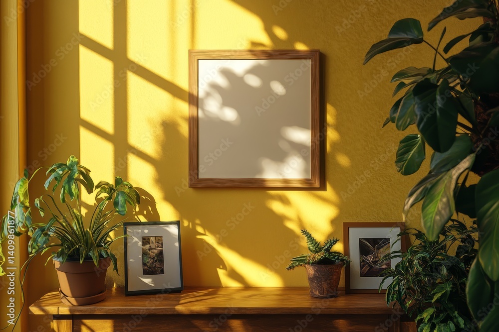 Fototapeta premium Sunny interior with framed art and lush green plants on wooden table