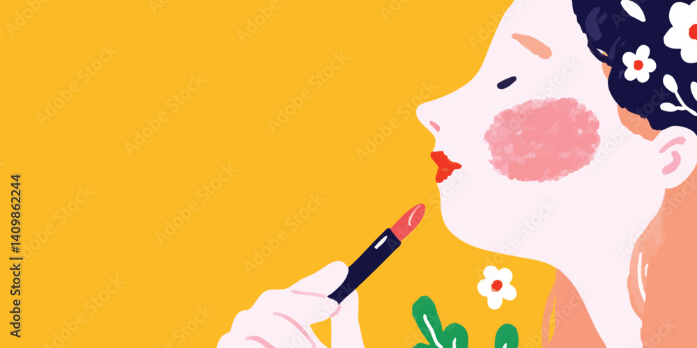 A woman, eyes gently closed, applies a vibrant lipstick to her lips. A touch of artistry and self-expression. With her adorned head and against an eye-catching background. A woman, eyes gently closed, applies a vibrant lipstick to her lips. A touch of artistry and self-expression. With her adorned head and against an eye-catching background.