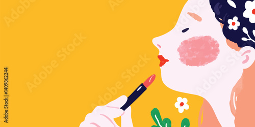 A woman, eyes gently closed, applies a vibrant lipstick to her lips. A touch of artistry and self-expression. With her adorned head and against an eye-catching background.