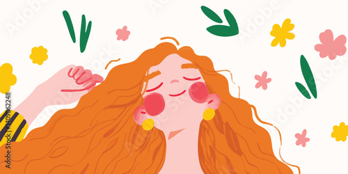 A tranquil illustration of a woman with long, flowing red hair, eyes closed, basking in the embrace of nature, with stylized flowers and leaves gently scattered around. 
