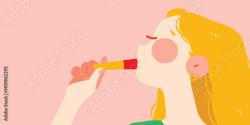 A young person is playing a whistle, capturing a moment of joy and innocence, with vibrant color and illustration style, creating a charming and playful mood.