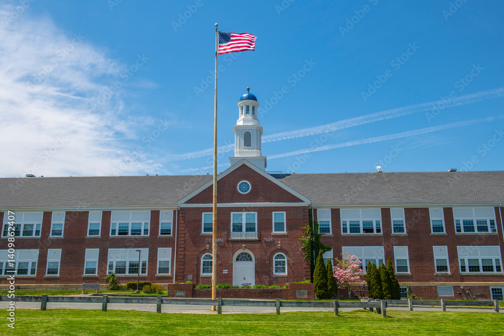 Central School building at Central Park in town center of Scituate, Massachusetts MA, USA. Now this building is Scituate Housing Authority.