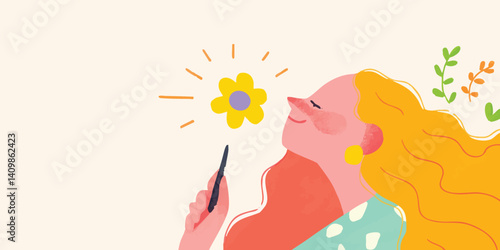 A woman, with a radiant smile, joyfully experiences a simple flower's lovely aroma, epitomizing the beauty of serenity.