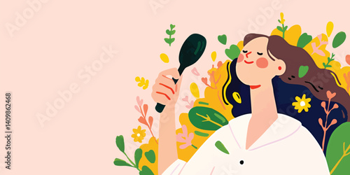 A woman with a comb surrounded by plants and flowers. Her eyes closed enjoying the feeling of life in this illustrated image.