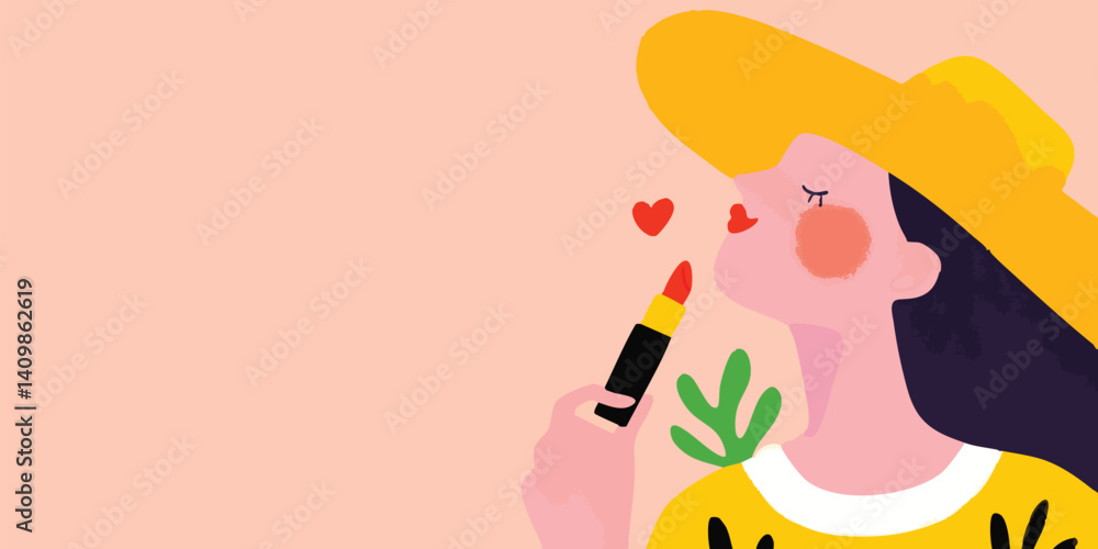 Obraz premium An illustration of a person with a large yellow hat puts on lipstick in a vibrant, cheerful style with lovely heart shapes, exuding charm and confidence. 