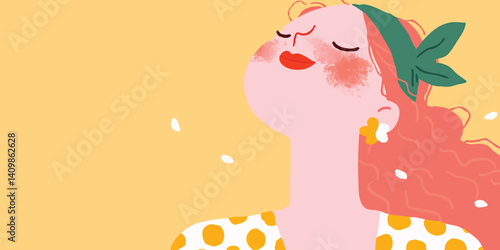 A woman radiates contentment with eyes gently closed and hair flowing in the breeze, representing peace. with soft illustration.