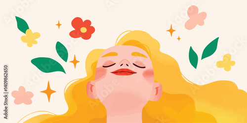 A serene portrait of a woman, basking in the tranquility of nature, as her mind finds peace amid blooming flowers.