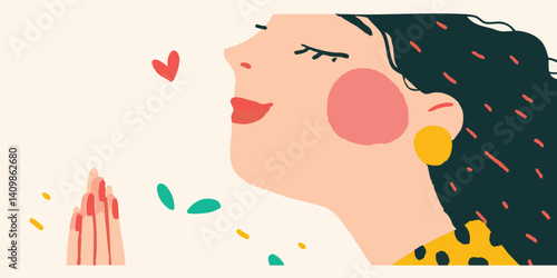 A moment of pure bliss is captured as a woman gazes into the distance with eyes closed, her face alight with happiness and love. She has a heart floating near her.