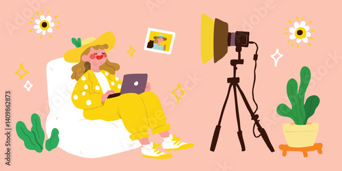 A vibrant illustration captures a young woman immersed in the creative process, working on a laptop, and capturing light with a studio setup.