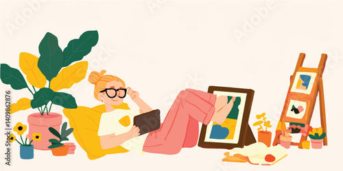 Woman relaxing at home with tablet, surrounded by plants and art.