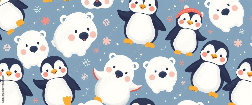 Adorable cartoon penguins and polar bears in a whimsical seamless pattern, perfect for winter apparel, pattern, scarf Adorable cartoon penguins and polar bears in a whimsical seamless pattern, perfect for winter apparel, pattern, scarf