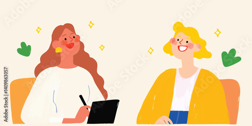 Two smiling women share a moment of connection and creativity in a vibrant illustration. Their faces radiate joy and positive energy, enhanced by the use of bright colors and simple, clean lines.
