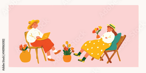 Two figures enjoy leisurely moments in a garden scene. One works on a laptop, and the other holds flowers, creating a relaxing and idyllic image.