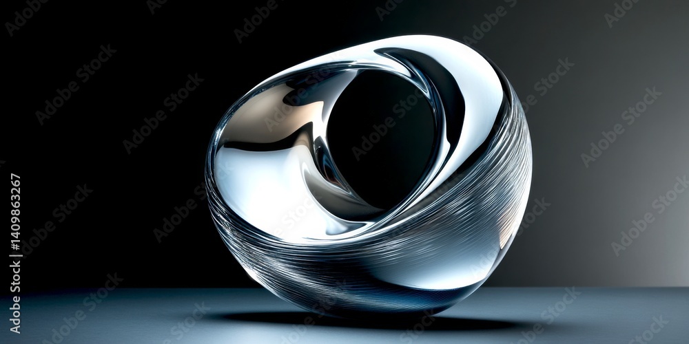 This image shows a sleek and modern sculpture created from reflective material. The design features smooth curves and intricate lines. It is an eye-catching art piece perfect