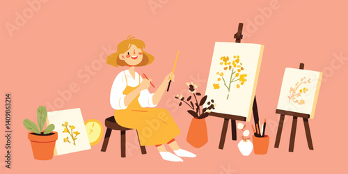 A vibrant scene unfolds as a young woman, enveloped in a cozy atmosphere, creates content in her home studio, a camera captures every moment of her creative process.