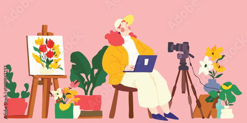 A vibrant scene unfolds as a young woman, enveloped in a cozy atmosphere, creates content in her home studio, a camera captures every moment of her creative process.