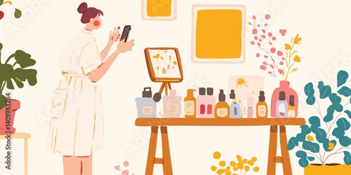 A vibrant scene unfolds as a young woman, enveloped in a cozy atmosphere, creates content in her home studio, a camera captures every moment of her creative process.