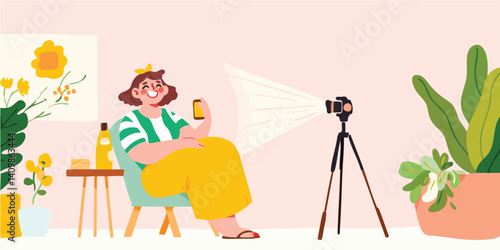 A vibrant scene unfolds as a young woman, enveloped in a cozy atmosphere, creates content in her home studio, a camera captures every moment of her creative process.