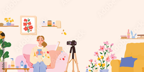 A vibrant scene unfolds as a young woman, enveloped in a cozy atmosphere, creates content in her home studio, a camera captures every moment of her creative process.
