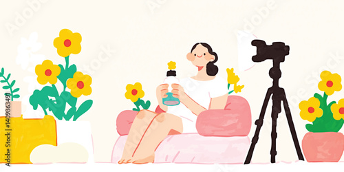 A vibrant scene unfolds as a young woman, enveloped in a cozy atmosphere, creates content in her home studio, a camera captures every moment of her creative process.