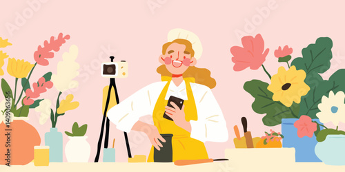 A vibrant scene unfolds as a young woman, enveloped in a cozy atmosphere, creates content in her home studio, a camera captures every moment of her creative process.