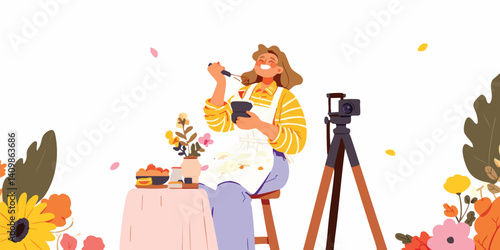 A vibrant scene unfolds as a young woman, enveloped in a cozy atmosphere, creates content in her home studio, a camera captures every moment of her creative process.