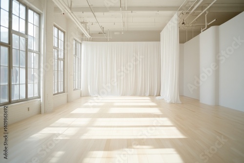 Wallpaper Mural Bright sunlit minimalist loft interior with wooden floors and white curtains Torontodigital.ca