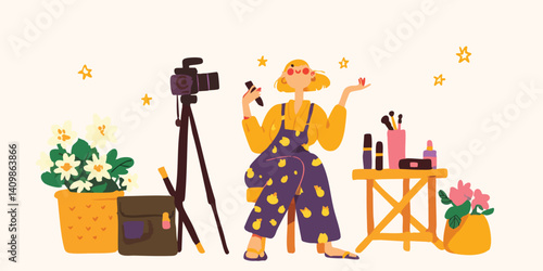 A vibrant scene unfolds as a young woman, enveloped in a cozy atmosphere, creates content in her home studio, a camera captures every moment of her creative process.
