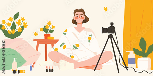 A vibrant scene unfolds as a young woman, enveloped in a cozy atmosphere, creates content in her home studio, a camera captures every moment of her creative process.