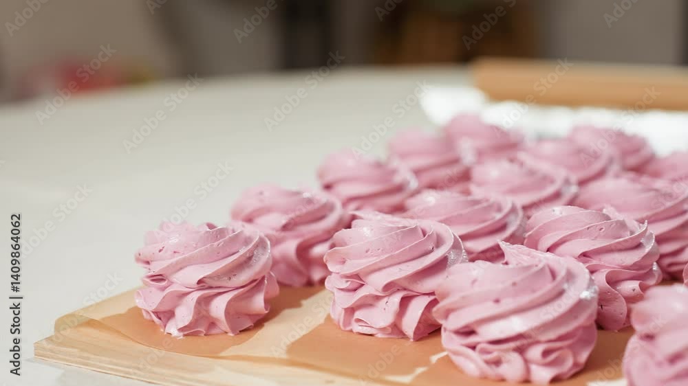 Display of beautifully arranged swirl pink cupcakes on brown baking paper with soft natural lighting and slightly blurred background in cozy kitchen setting Display of beautifully arranged swirl pink cupcakes on brown baking paper with soft natural lighting and slightly blurred background in cozy kitchen setting