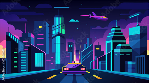 Even at night the sky was never dark in the city with the neon lights of the air taxi lanes illuminating the sky like a dazzling light show.. Vector illustration