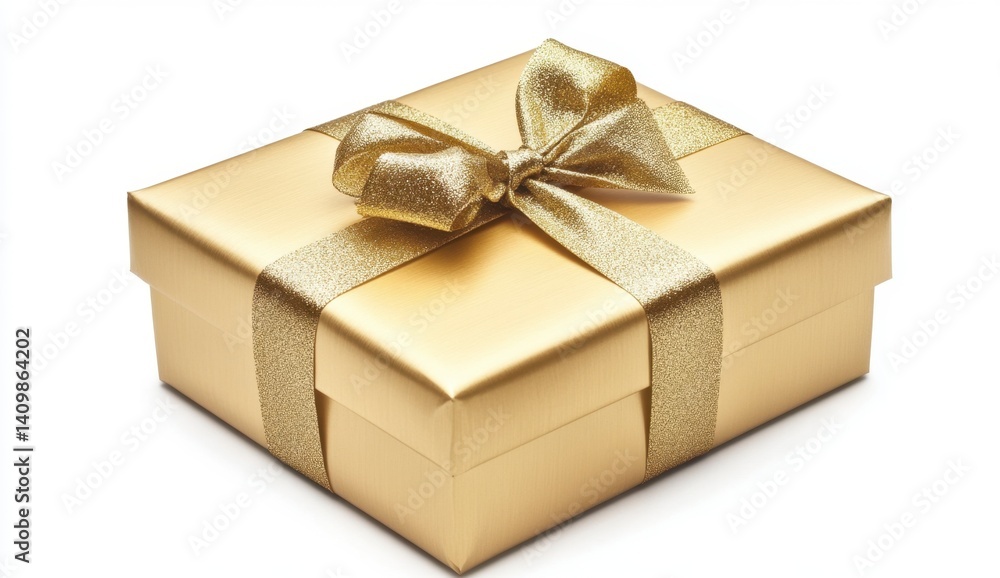 Obraz premium Elegant Gold Gift Box with Shiny Bow and Ribbon on White Background