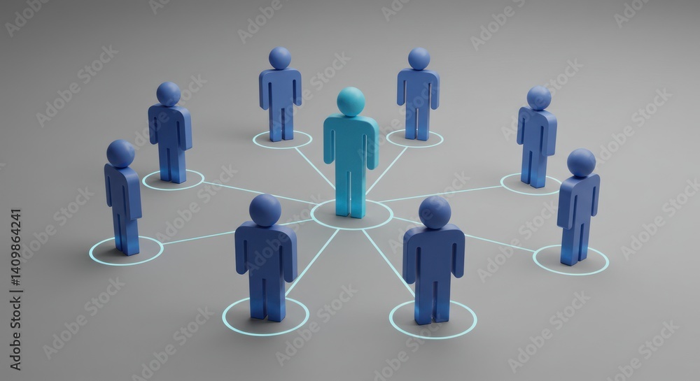 Group of blue figures connected by lines with one central figure highlighted. Group of blue figures connected by lines with one central figure highlighted.