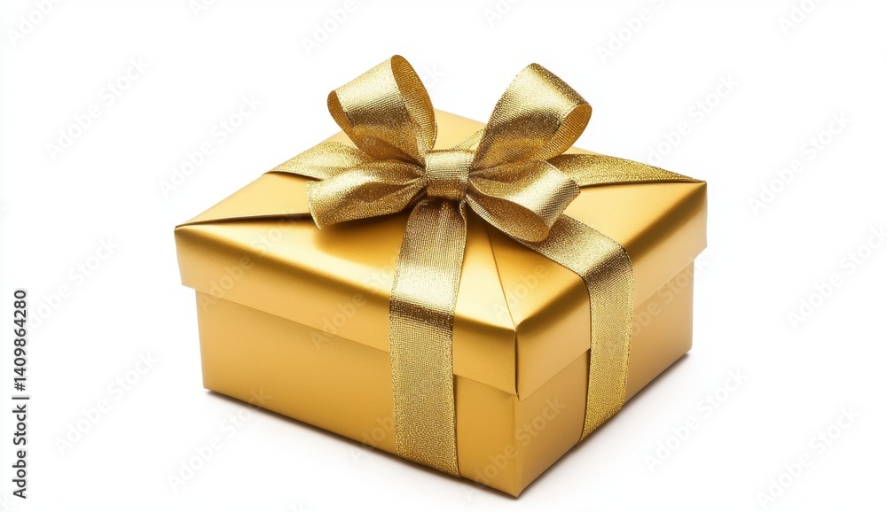 Obraz premium Elegant gold gift box with shiny ribbon on white background