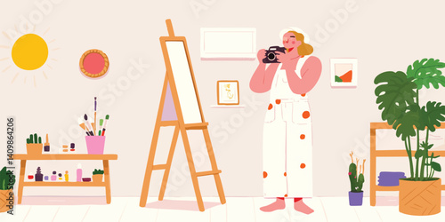 A vibrant scene unfolds as a young woman, enveloped in a cozy atmosphere, creates content in her home studio, a camera captures every moment of her creative process.