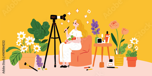 A vibrant scene unfolds as a young woman, enveloped in a cozy atmosphere, creates content in her home studio, a camera captures every moment of her creative process.